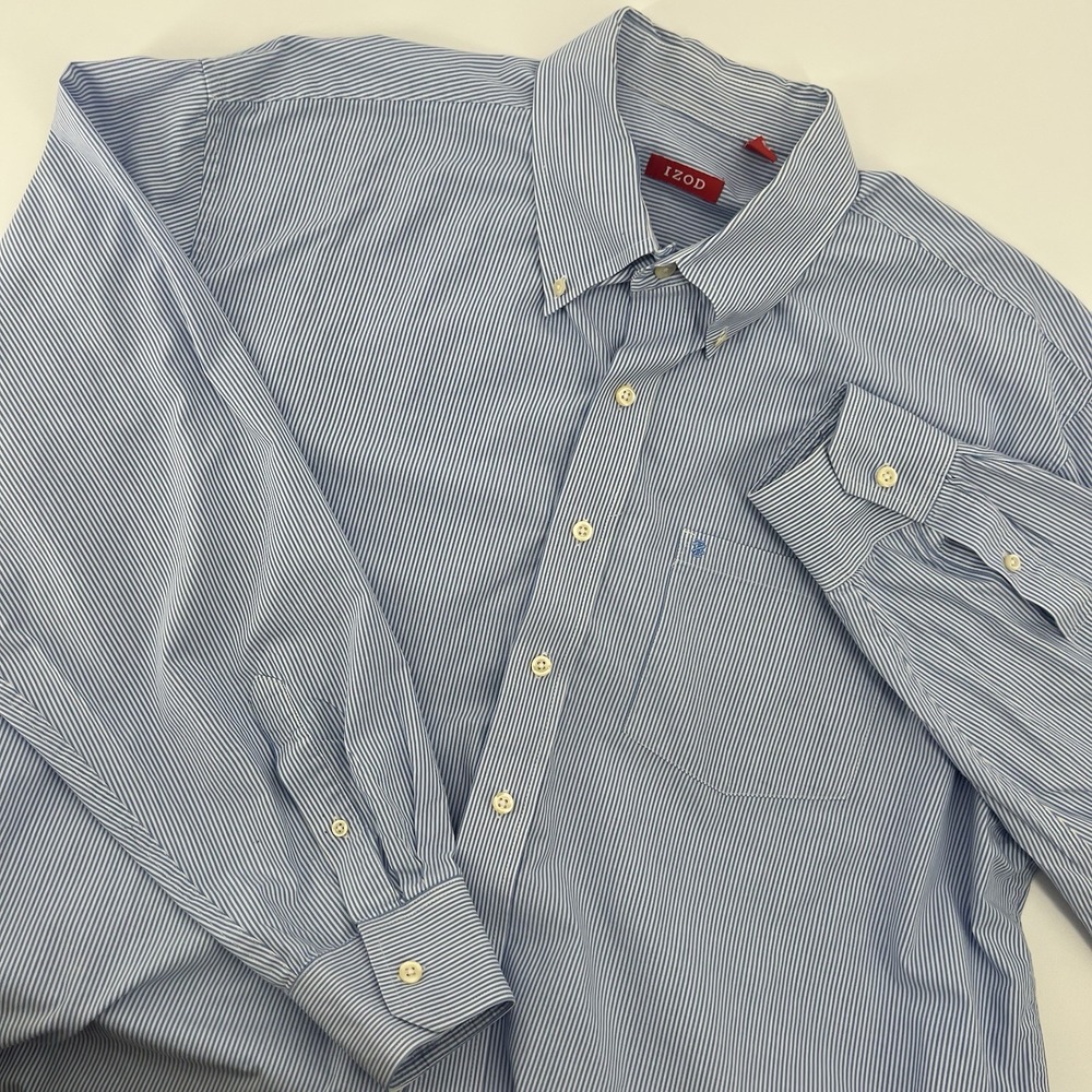 Izod Button Down Shirt Men's XL blue striped with embroded logo